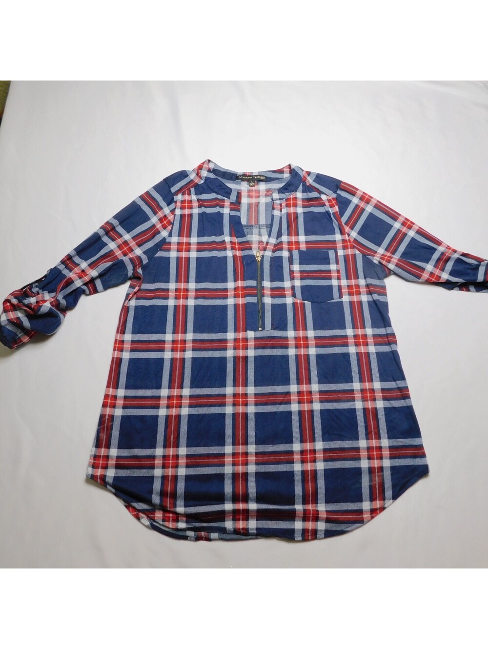 Always Indigo Shirt Womens Large L Blue Red Plaid Roll Tab Sleeve 1/4 Zip Blouse